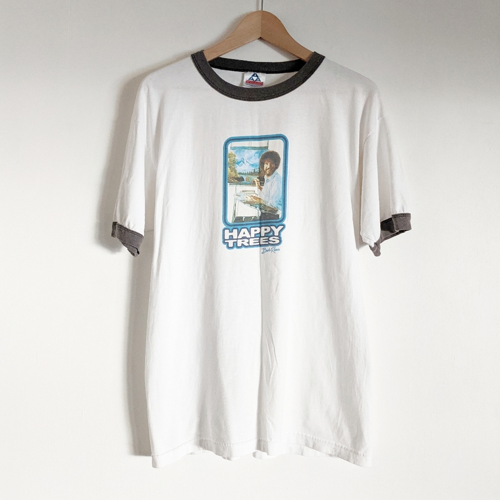 VTG 80s BOB ROSS Happy Trees Painting Ringer Shirt